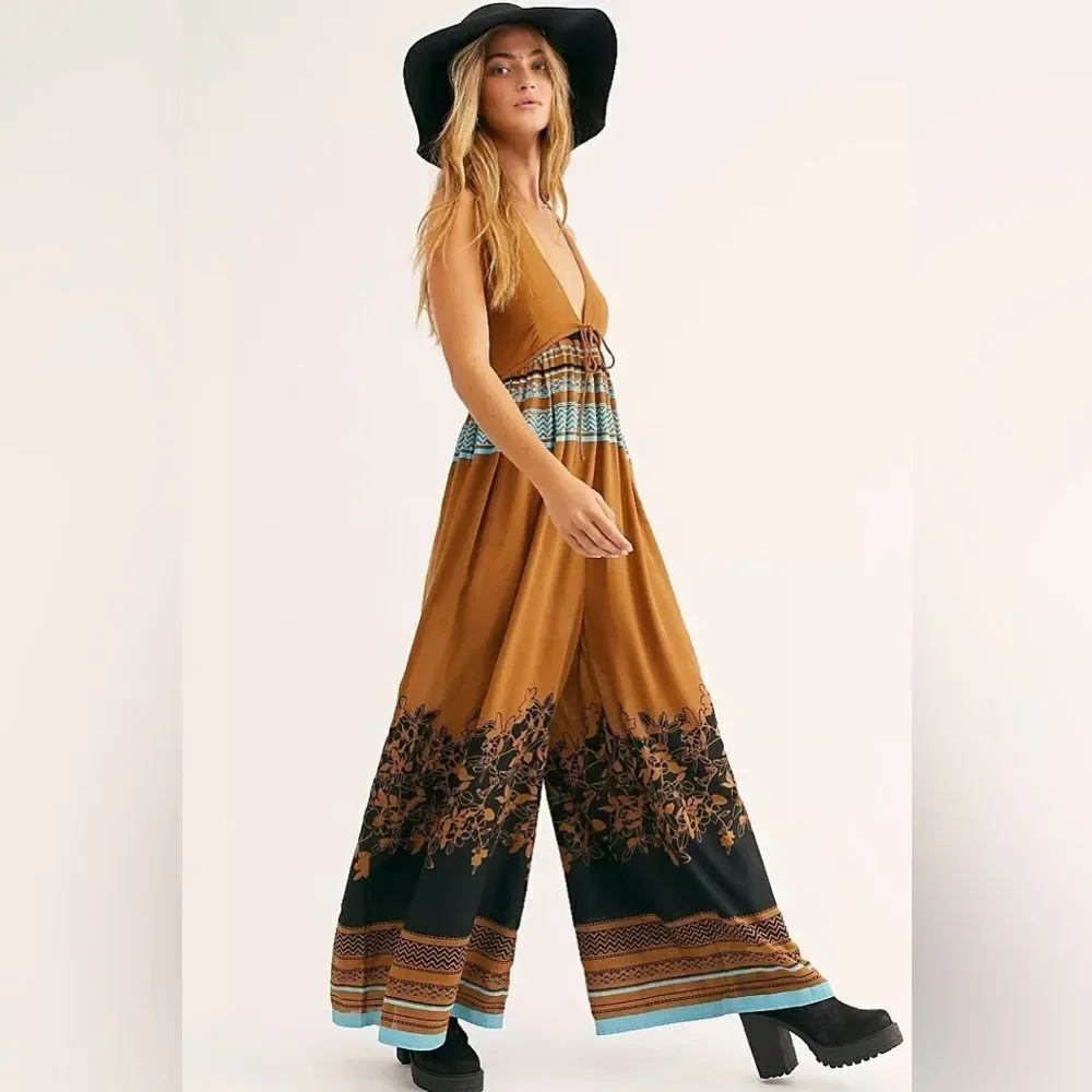Free People Women's Palm Beach Printed Wide leg Halter Jumpsuit Size Medium